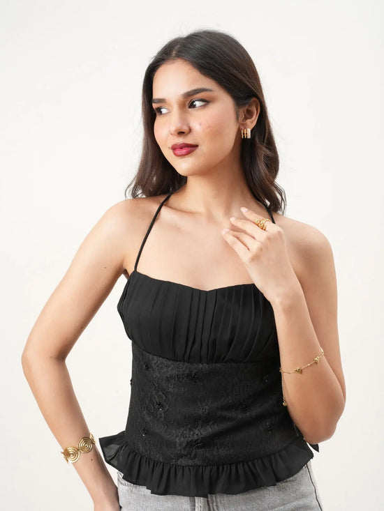Black Floral Sweetheart Neck Sleeveless Fit & Flare Top with Hand-Embroidered Detailing (Copy) New Years Eve Collection