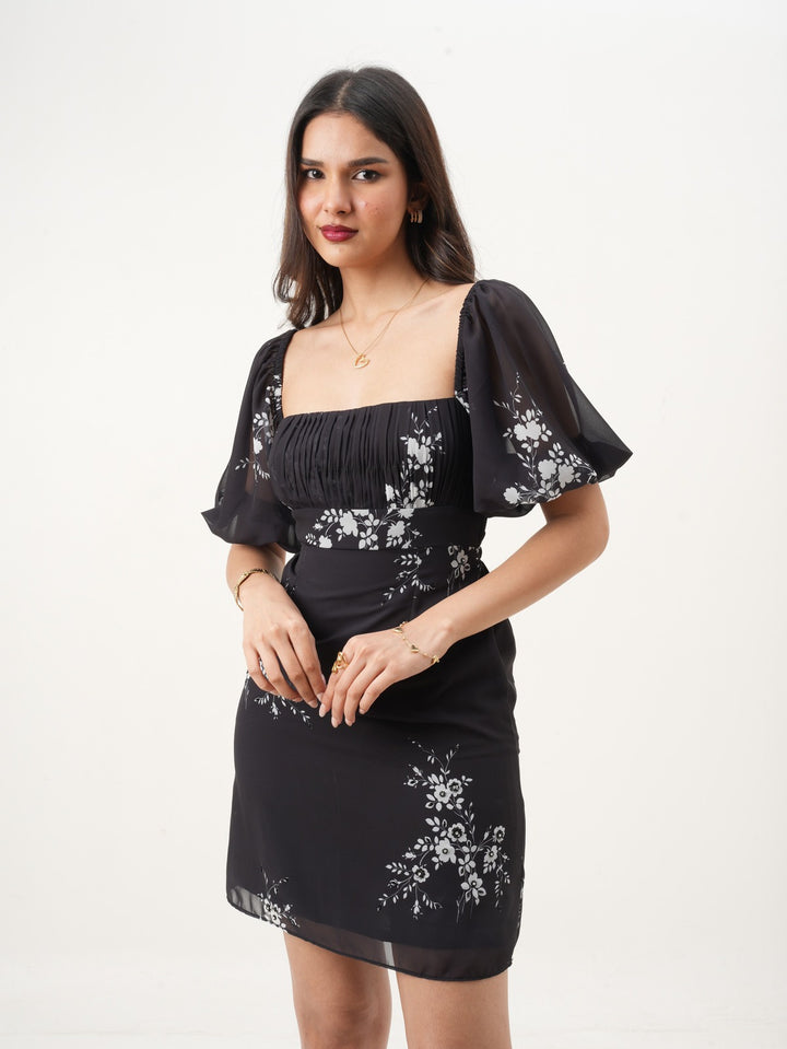 Black & White Floral Square Neck A-Line Dress with Puff Sleeves, Hand-Embroidered Detailing & Back Tie-Up New Years Eve Collection