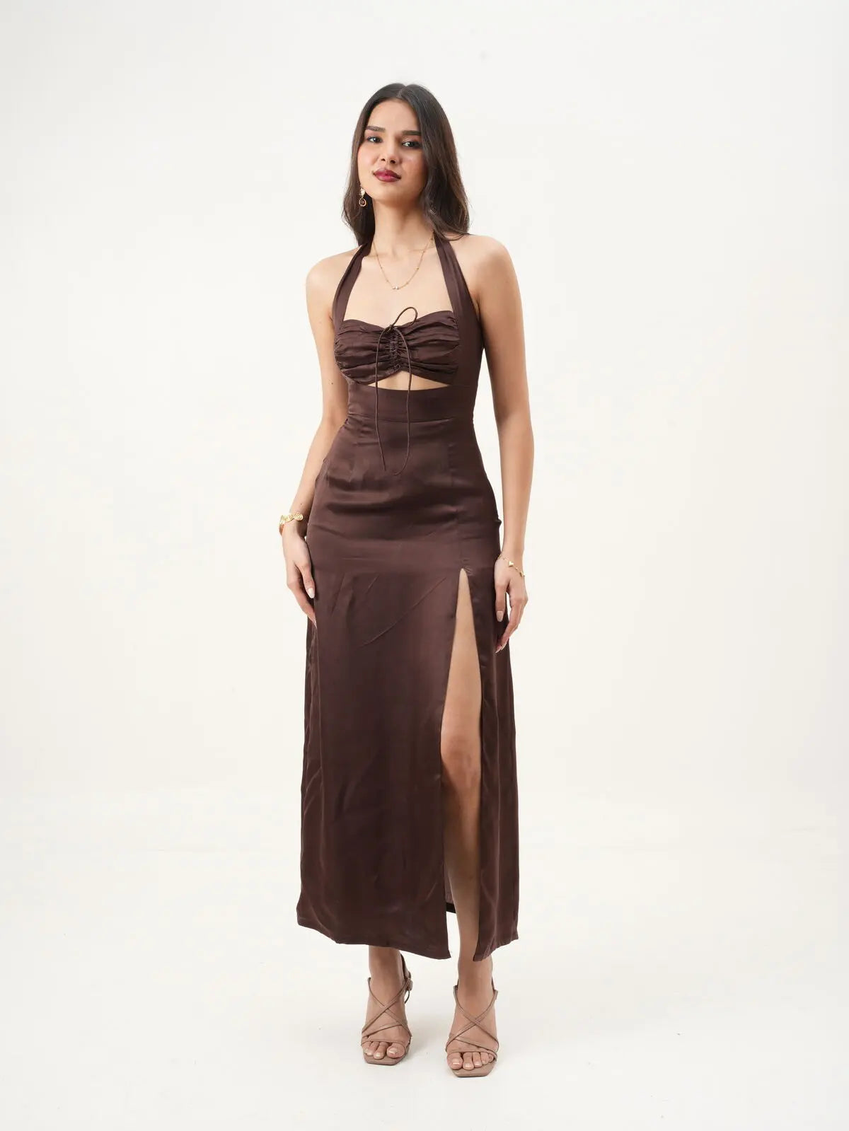 Deep Brown Sweetheart Halter Neck A-Fit Sleeveless Maxi Dress New Years Eve Collection