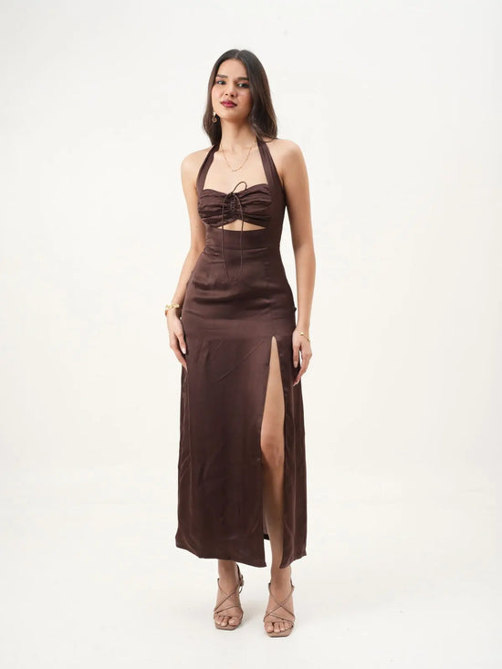 Deep Brown Sweetheart Halter Neck A-Fit Sleeveless Maxi Dress New Years Eve Collection