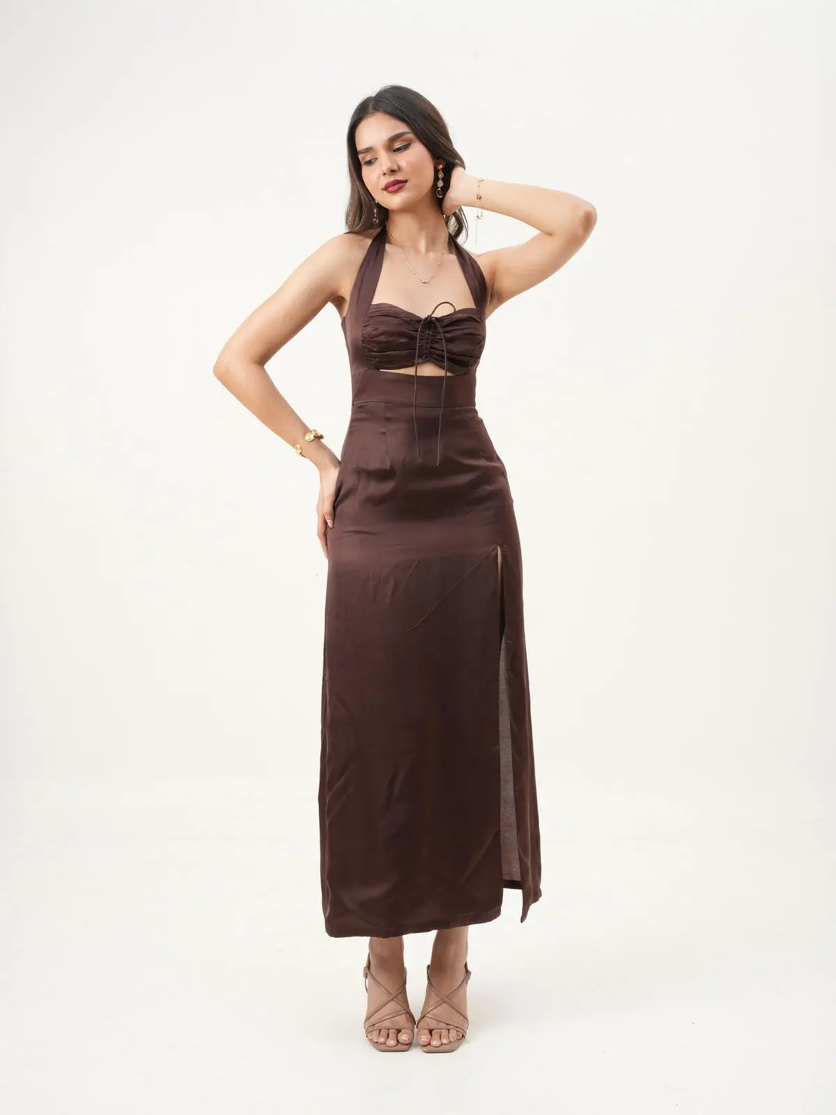 Deep Brown Sweetheart Halter Neck A-Fit Sleeveless Maxi Dress New Years Eve Collection