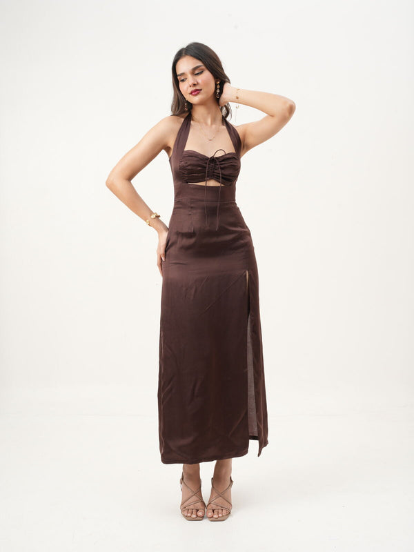 Brown Sweetheart Halter Neck A-Fit Sleeveless Dress with Side Zipper New Years Eve Collection