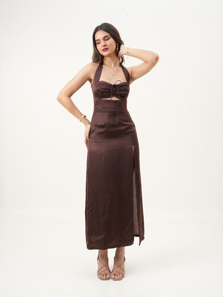 Brown Sweetheart Halter Neck A-Fit Sleeveless Dress with Side Zipper New Years Eve Collection