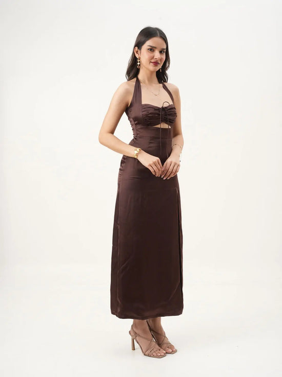Deep Brown Sweetheart Halter Neck A-Fit Sleeveless Maxi Dress New Years Eve Collection