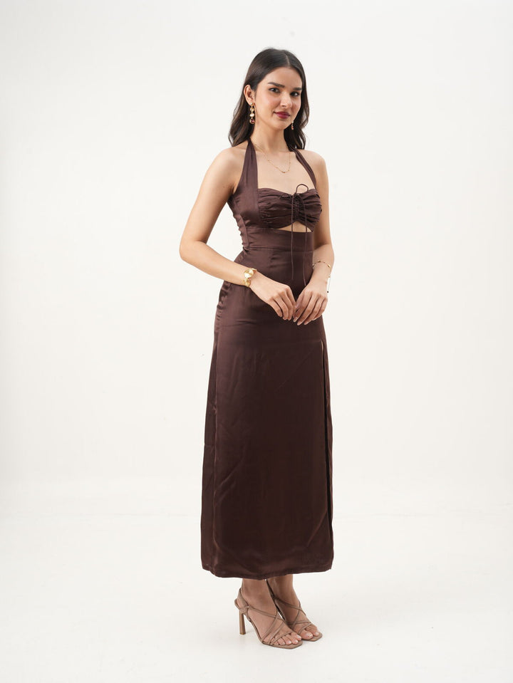 Brown Sweetheart Halter Neck A-Fit Sleeveless Dress with Side Zipper New Years Eve Collection