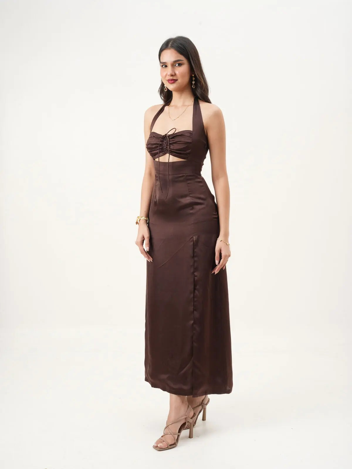 Deep Brown Sweetheart Halter Neck A-Fit Sleeveless Maxi Dress New Years Eve Collection