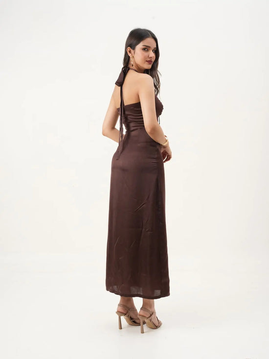 Deep Brown Sweetheart Halter Neck A-Fit Sleeveless Maxi Dress New Years Eve Collection