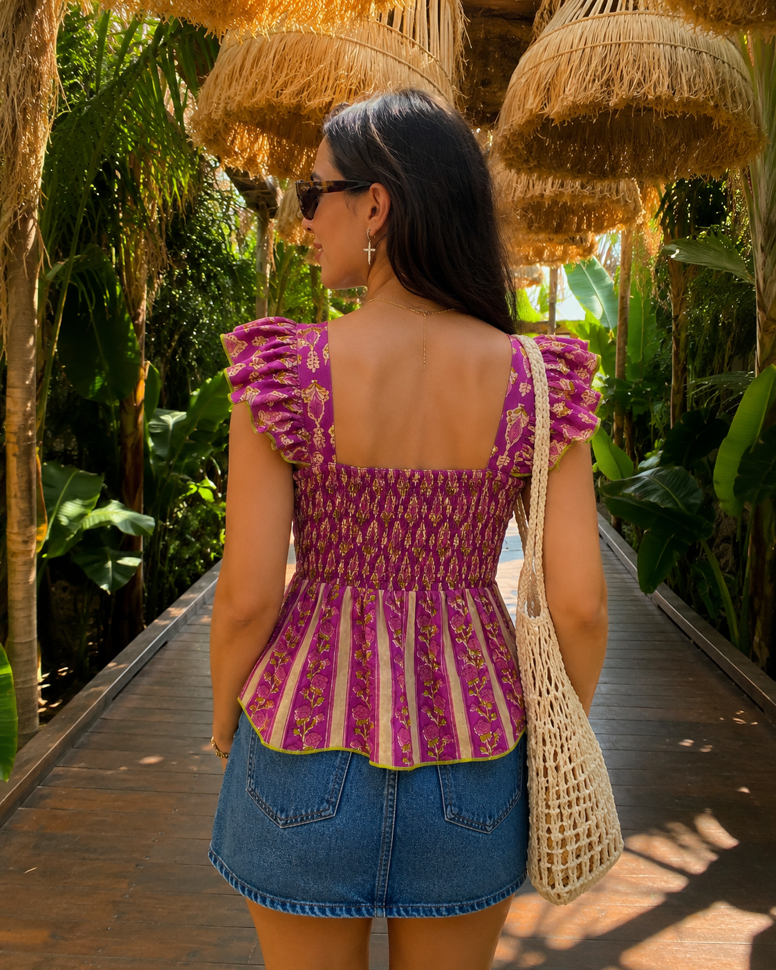 Magenta Purple Floral Peplum Top with Back Smocking