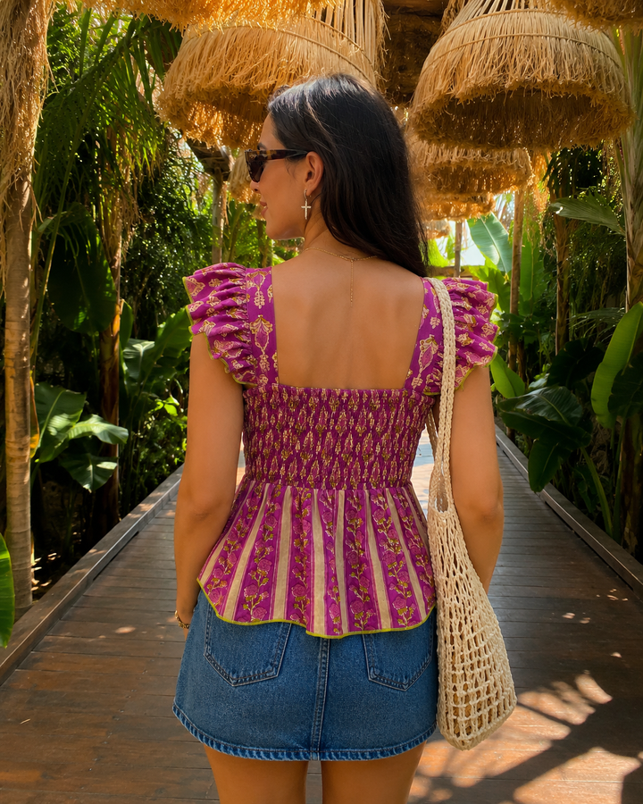 Magenta Purple Floral Peplum Top with Back Smocking