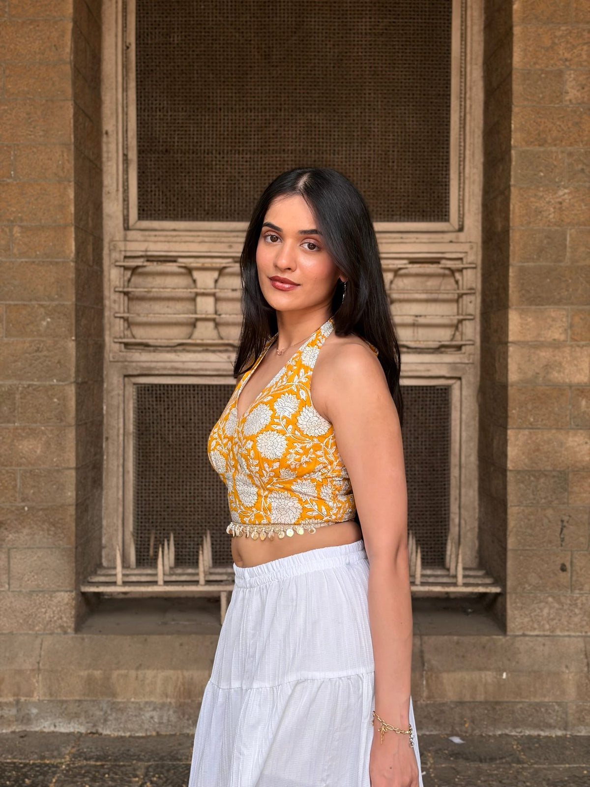 Yellow and White Floral Halter Top with Back Smocking & Lace Detailing