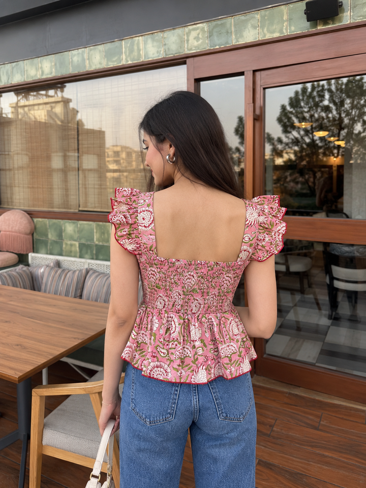 Pink & Green Floral Peplum Top with Back Smocking