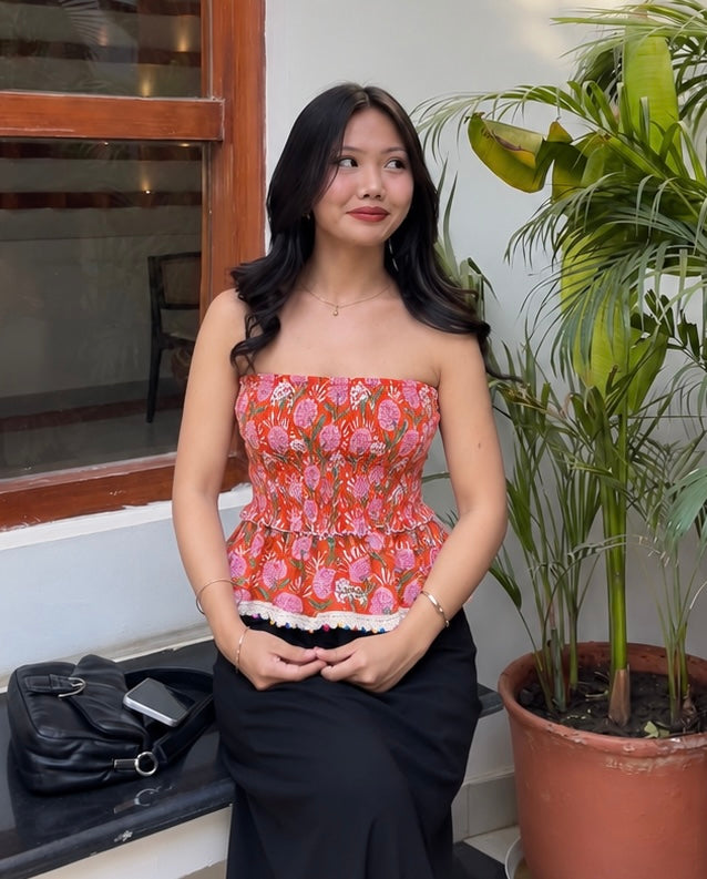 Orange Smocking Tube Top with Boho Lace