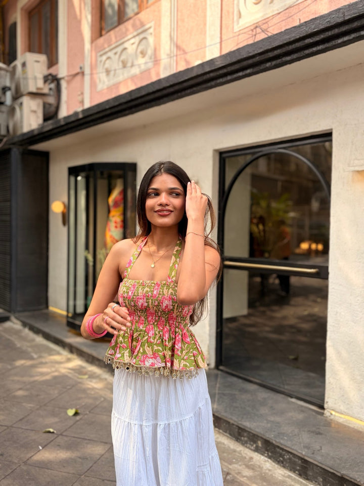 Green and Pink Floral Tube Top with Halter Tie-Up & Mirror Lace