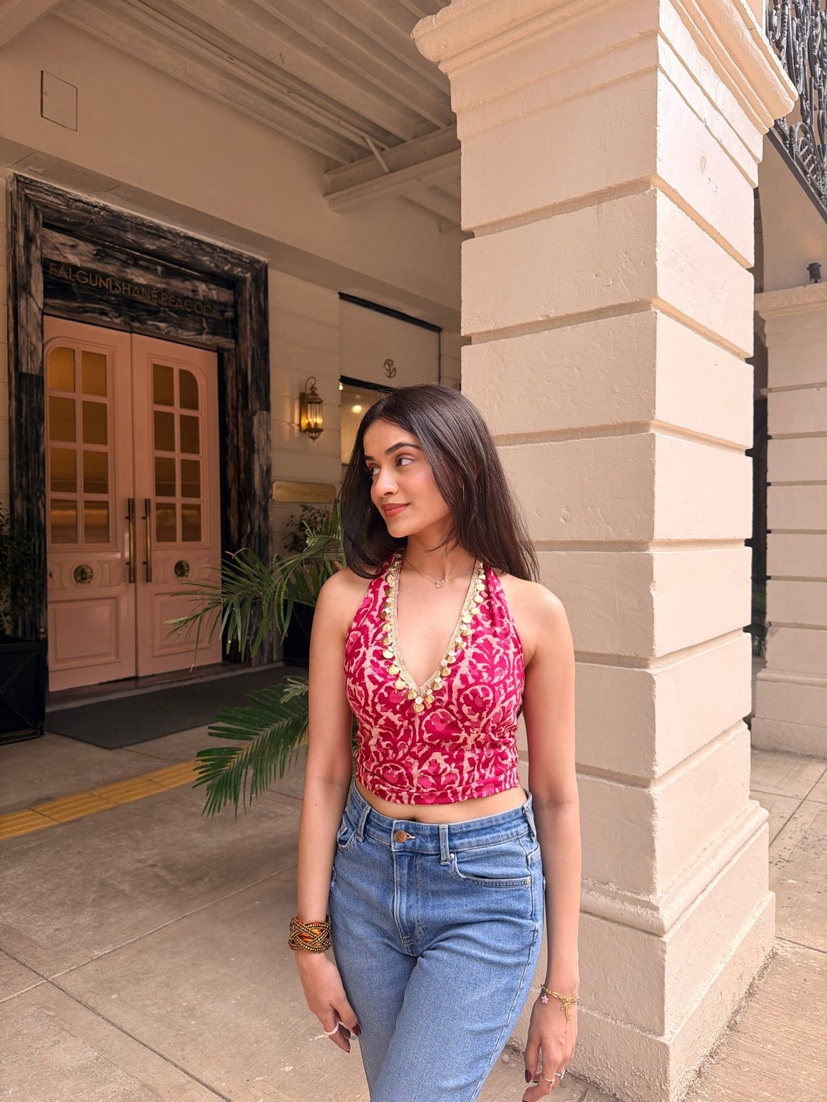 Rani Pink and Green Floral Halter Top with Back Smocking & Lace Detailing