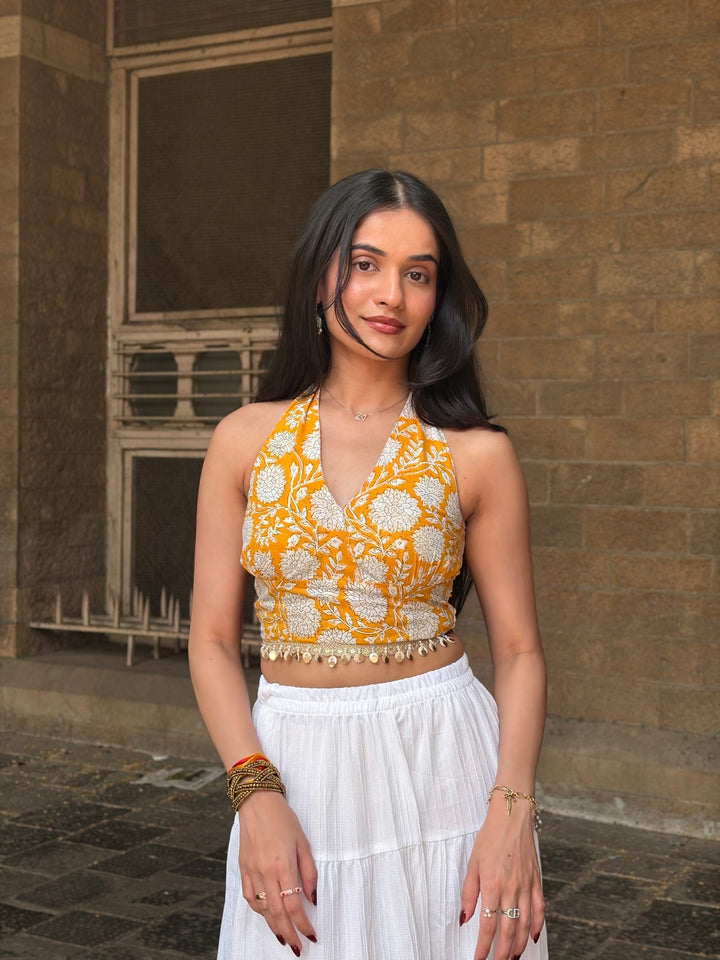 Yellow and White Floral Halter Top with Back Smocking & Lace Detailing