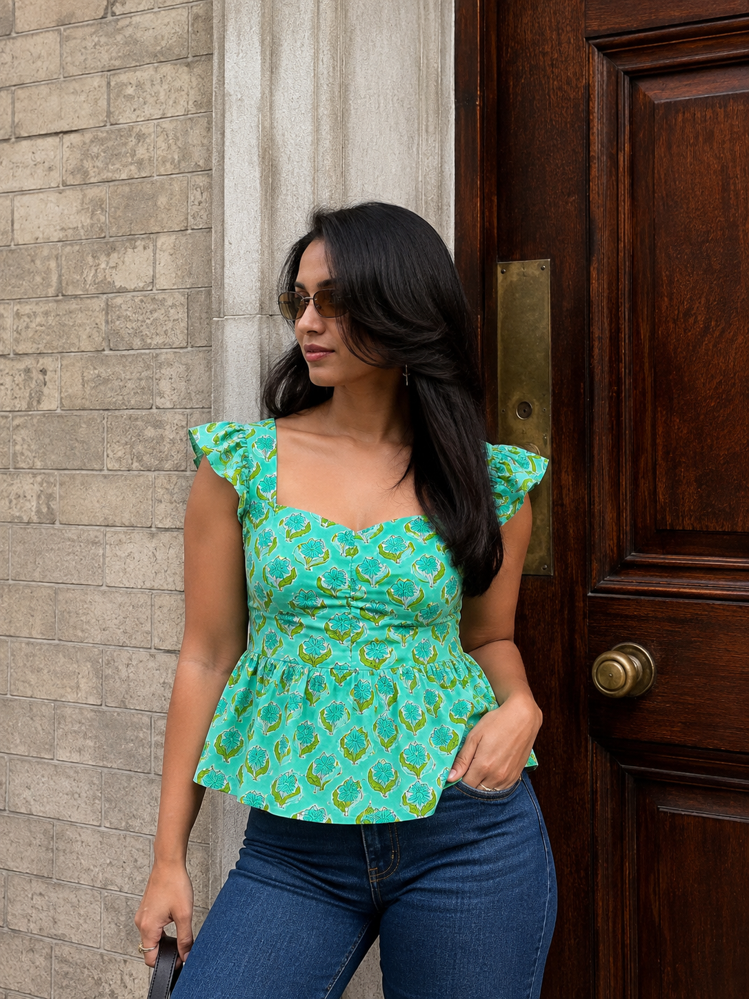 Green Floral Peplum Top with Back Smocking