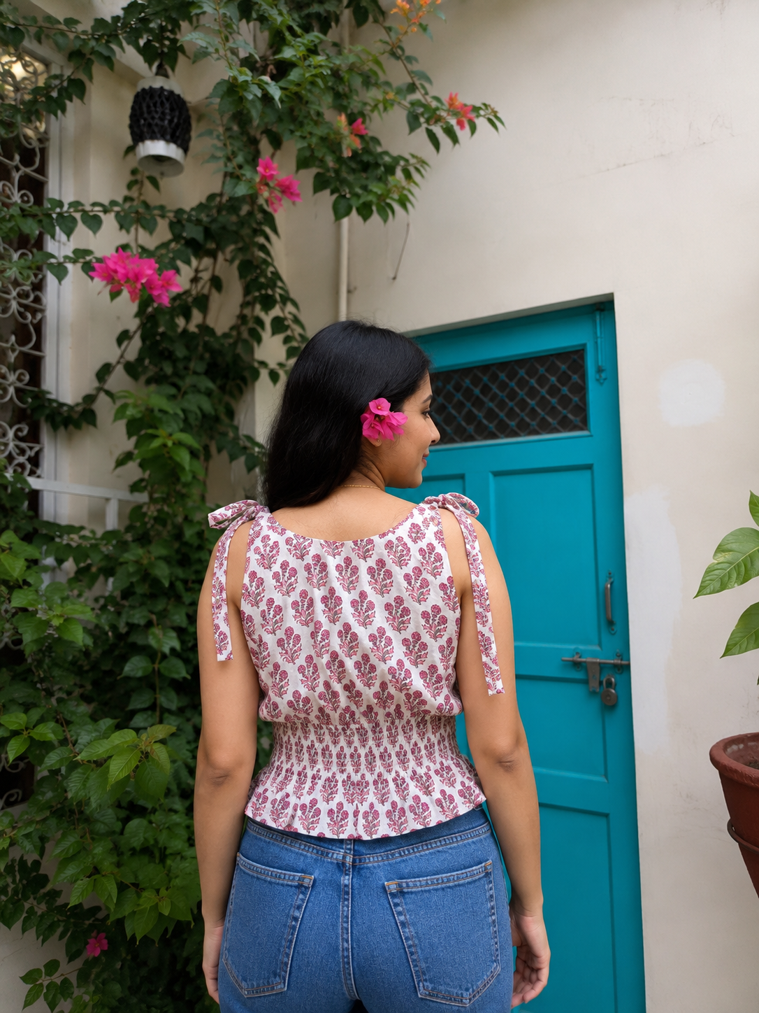 White Floral Printed Smocked Tie-Up Top