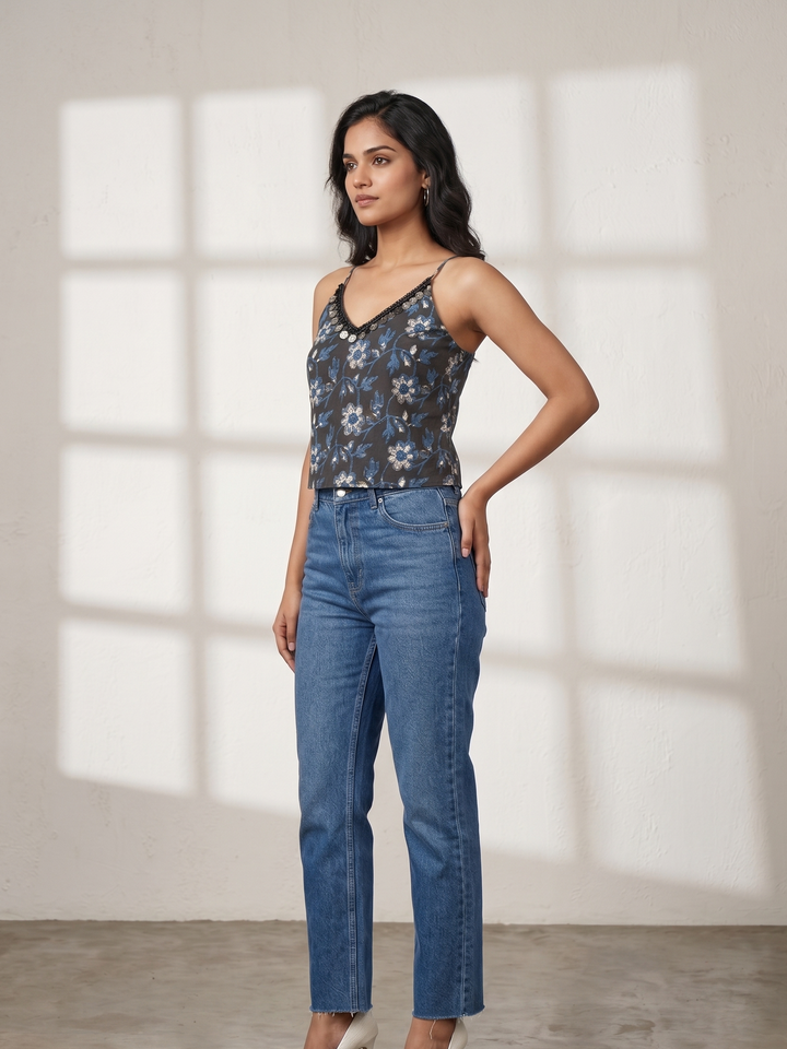 Black & Blue Block Printed Spaghetti Top with Coin Lace Detailing