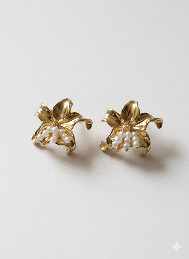 Gilded Orchid Studs with Pearl Accents NYE Jewellery