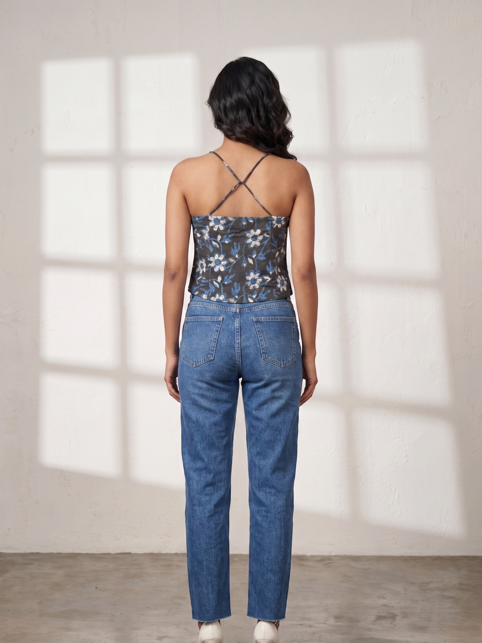 Black & Blue Block Printed Spaghetti Top with Coin Lace Detailing