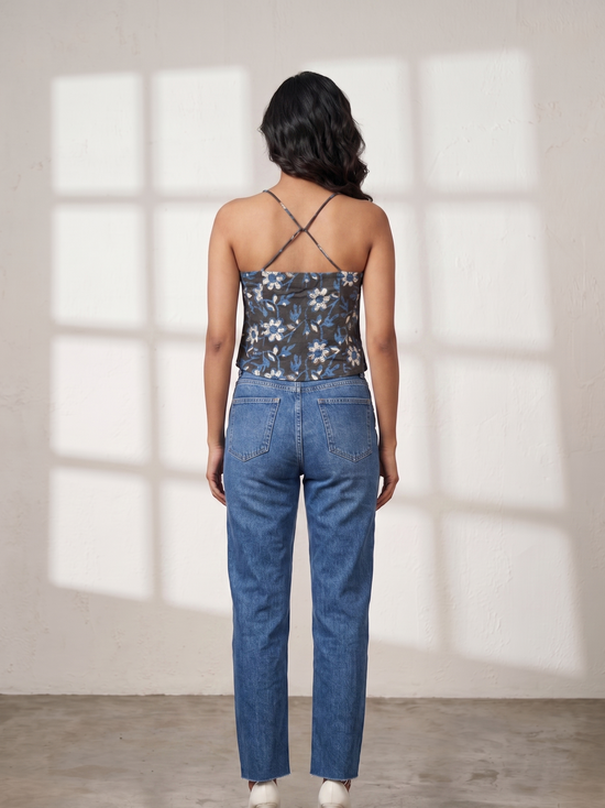 Black & Blue Block Printed Spaghetti Top with Coin Lace Detailing