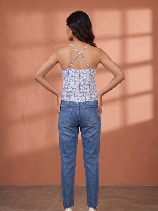 Blue & White Block Printed Spaghetti Top with Shell Lace Detailing