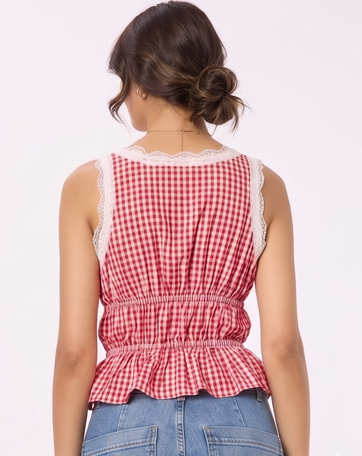 Red and White Gingham Lace Top