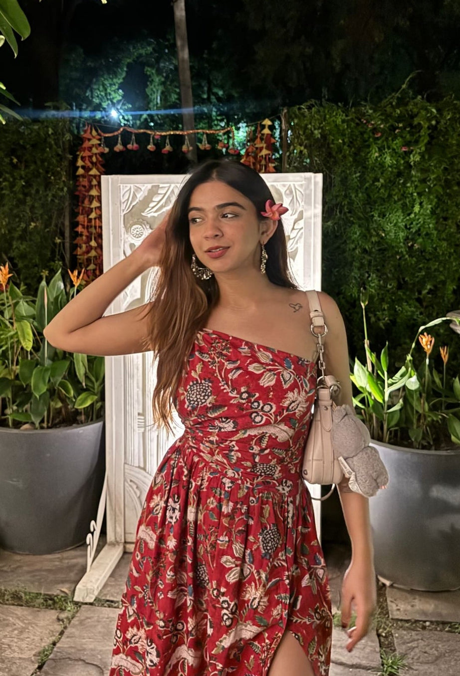 Asymmetrical Red Floral Slit Dress LF-Collection