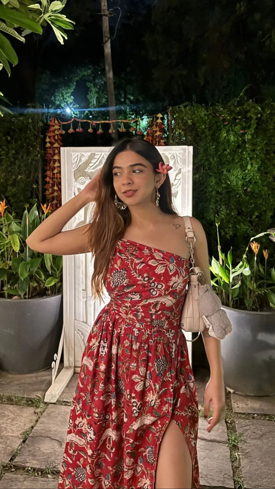 Asymmetrical Red Floral One Shoulder Maxi Dress with Slit LF-Collection