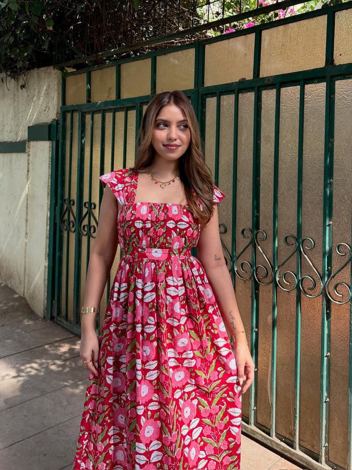Red Floral Block Printed Cotton Fit & Flare Maxi Dress with  Back Tie-Up
