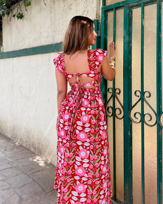 Red Floral Block Printed Cotton Fit & Flare Maxi Dress with  Back Tie-Up