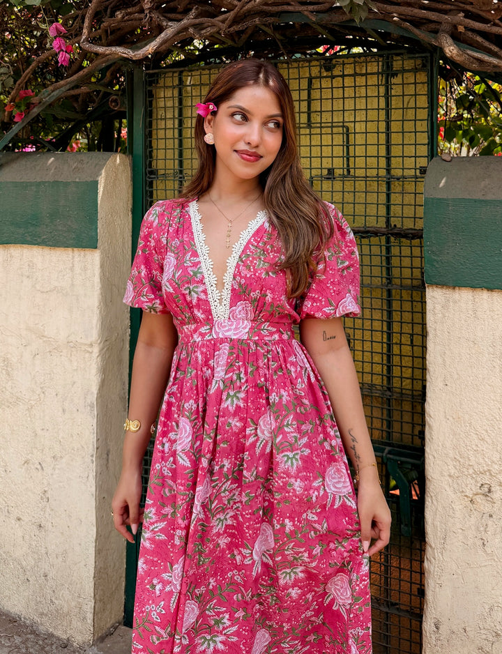 Pink Floral Block Printed Cotton Maxi Dress with Back Tie-Up & Lace Detailing