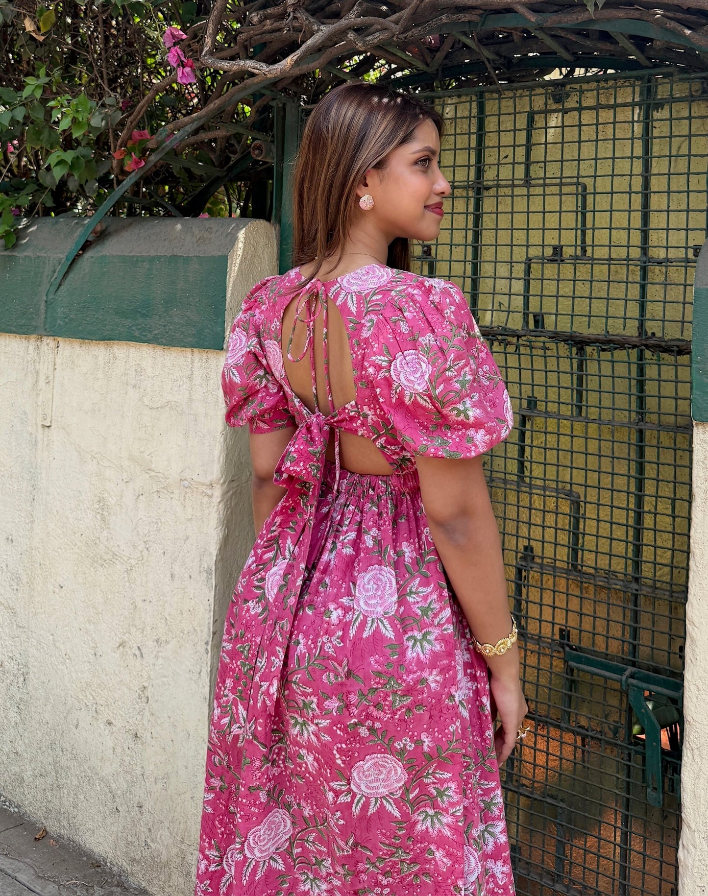 Pink Floral Block Printed Cotton Maxi Dress — Pre Order