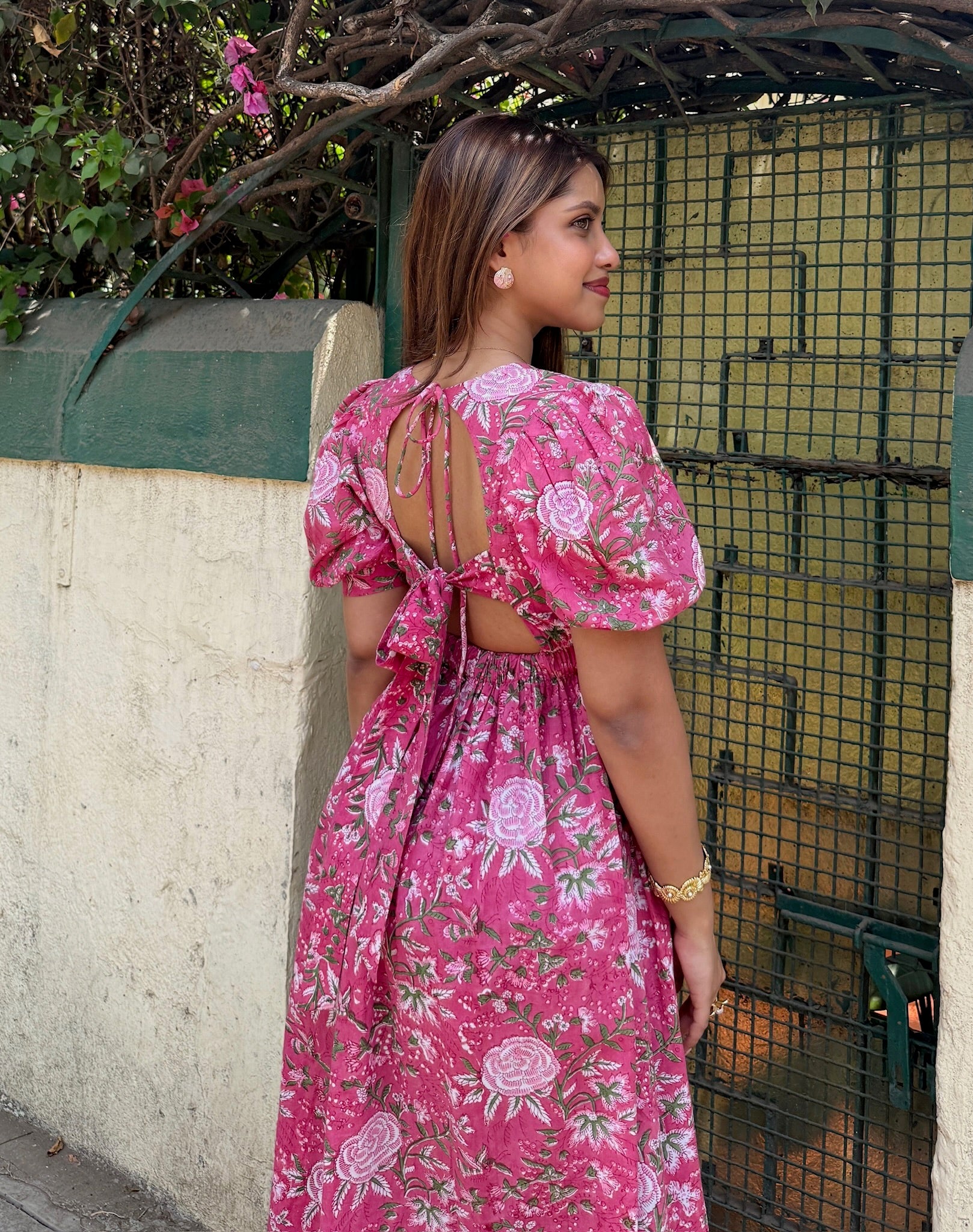 Pink Floral Block Printed Cotton Maxi Dress — Pre Order