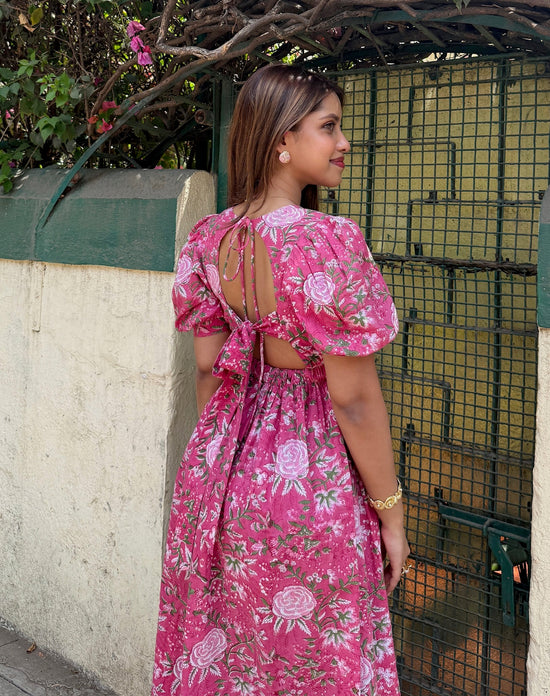 Pink Floral Block Printed Cotton Maxi Dress — Pre Order
