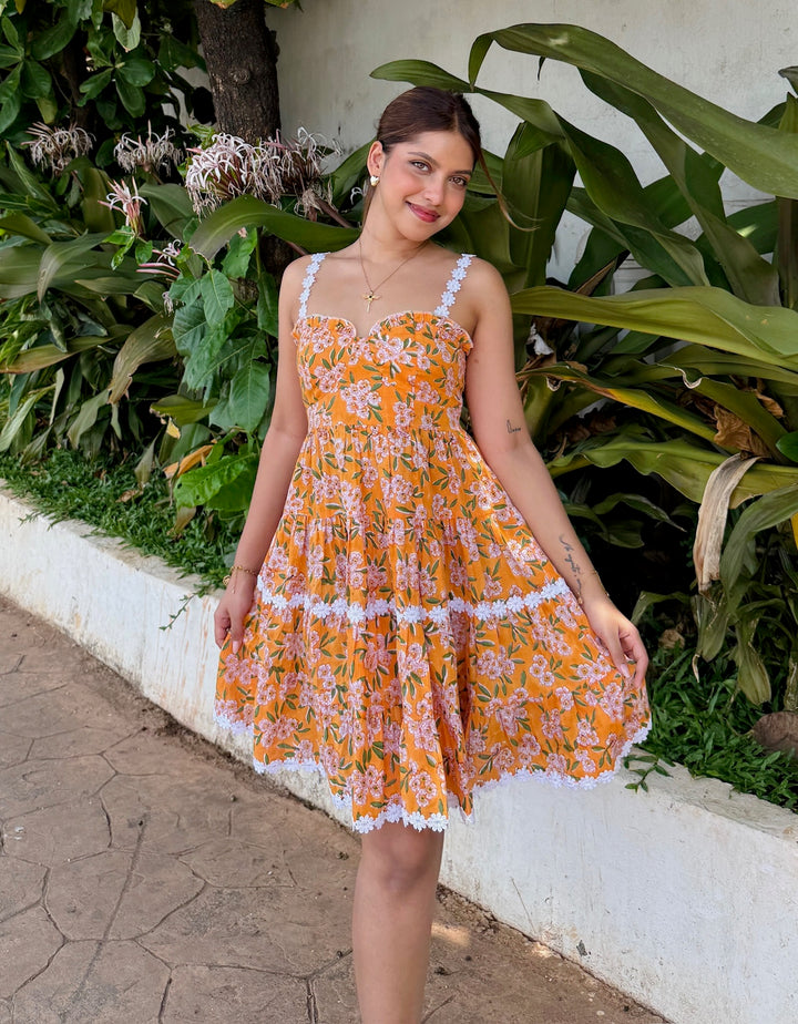 Yellow & White Floral Block Printed Cotton Short Dress with Lace Straps