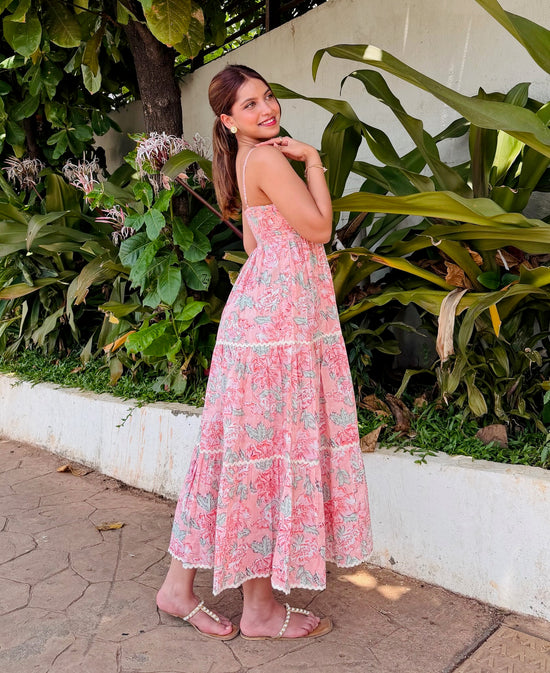 Pink Floral Block Printed Cotton Maxi Dress with Lace Detailing & Back Smocking