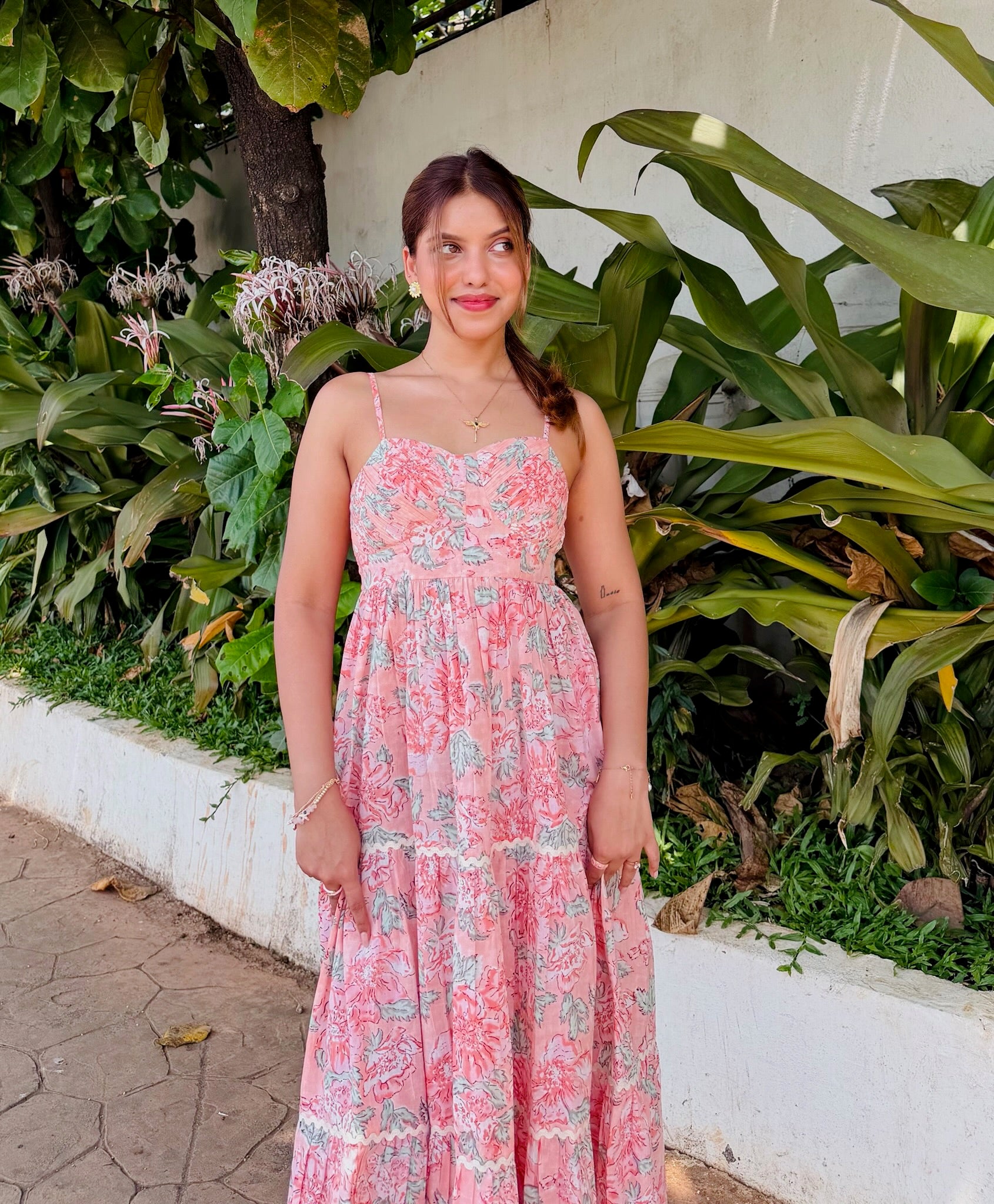 Pink Floral Block Printed Cotton Maxi Dress with Lace Detailing & Back Smocking