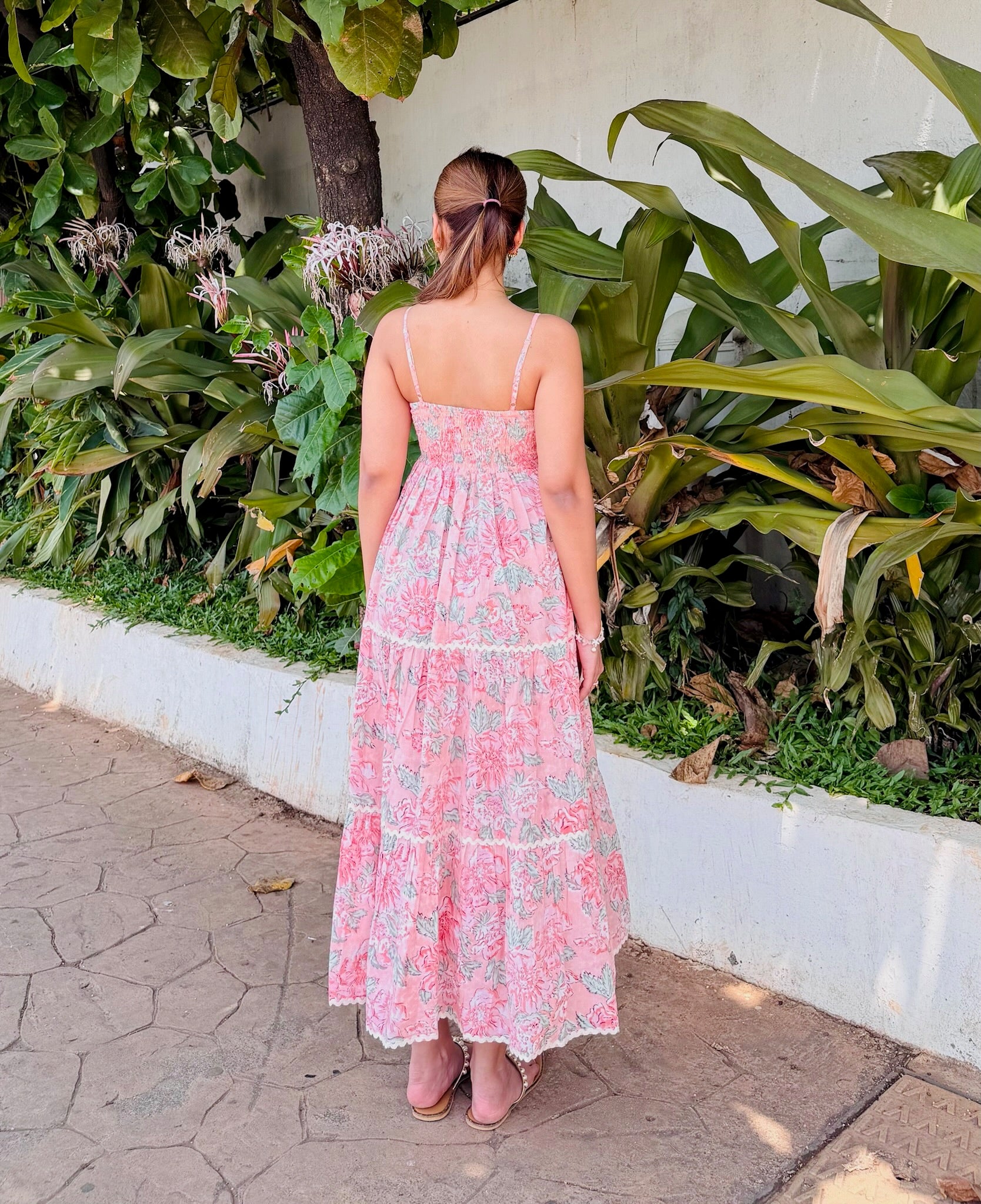 Pink Floral Block Printed Cotton Maxi Dress with Lace Detailing & Back Smocking