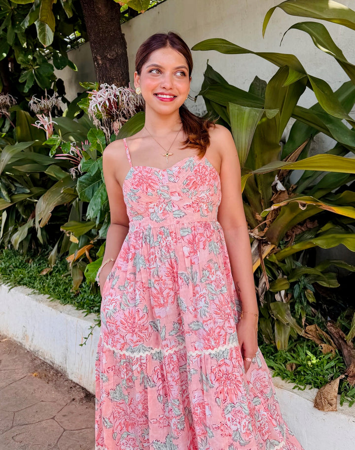 Pink Floral Block Printed Cotton Maxi Dress with Lace Detailing & Back Smocking