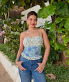Blue, White & Green Cacti Print Cotton Gathered Top with Back Smocking