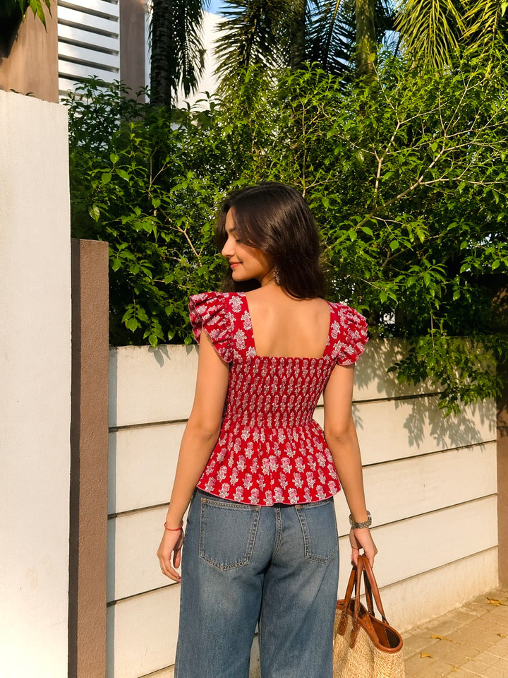 Red Floral Printed Sweetheart Neckline Peplum Top with Back Smocking