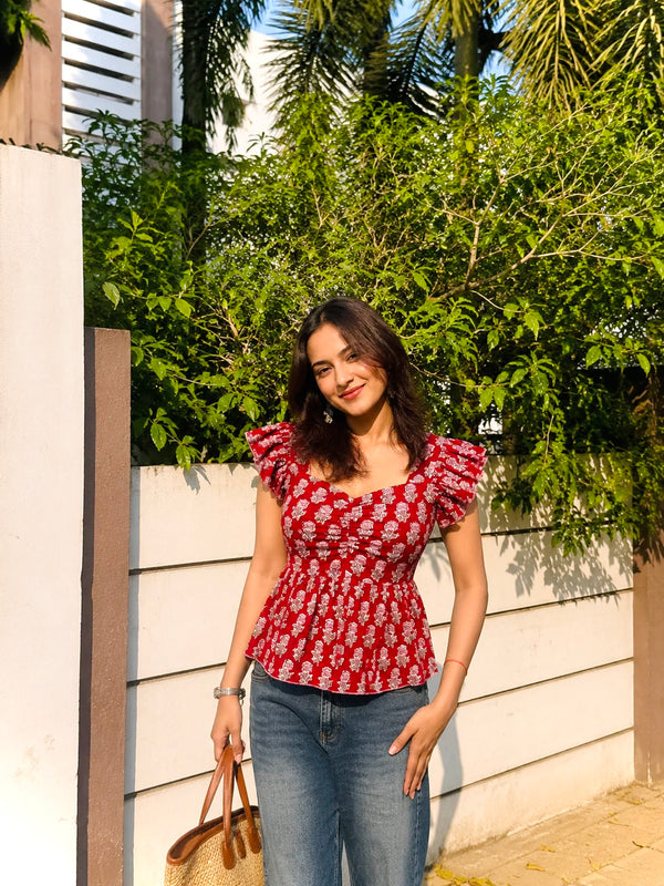 Red Floral Printed Sweetheart Neckline Peplum Top with Back Smocking