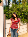 Red Floral Printed Sweetheart Neckline Peplum Top with Back Smocking