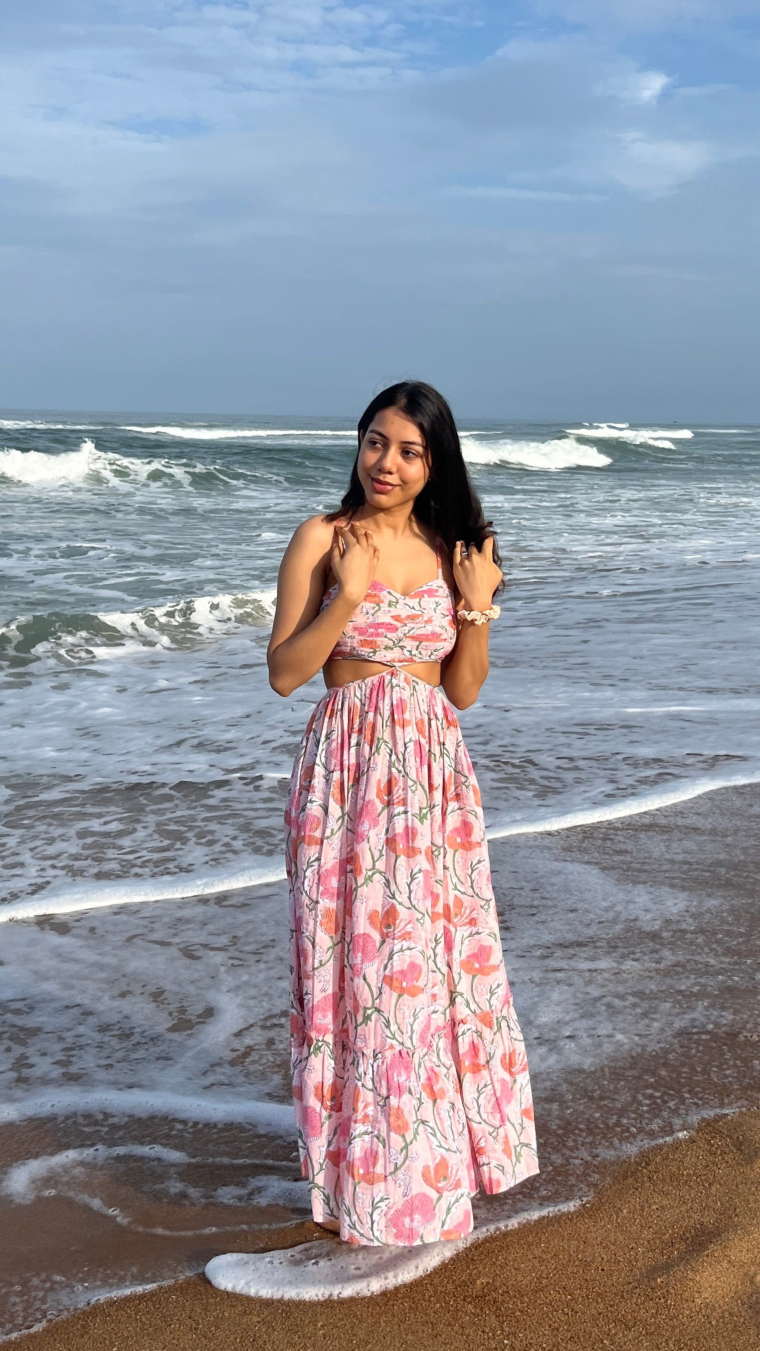 Coral Pink Maxi Dress in Coral Pink Shade With Pocket RESORT'24