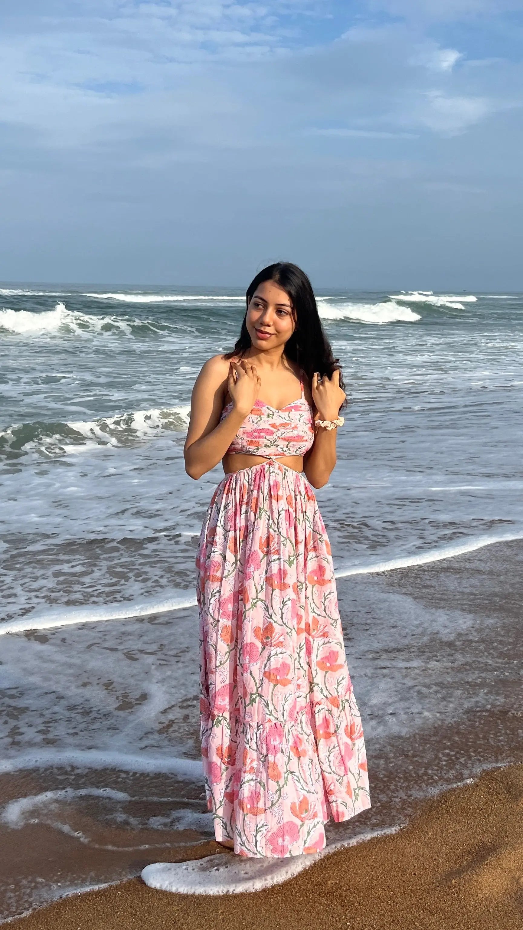 Coral Pink Maxi Dress in Coral Pink Shade With Pocket, Back Smocking and Adjustable strap RESORT'24