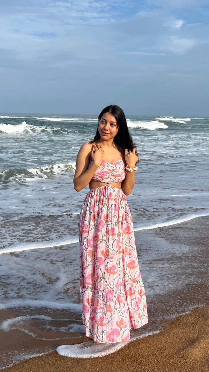 Coral Pink Maxi Dress in Coral Pink Shade With Pocket RESORT'24