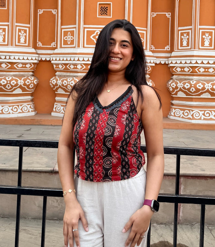 Black & Red Ajrak Print Spaghetti Top with Coin Lace