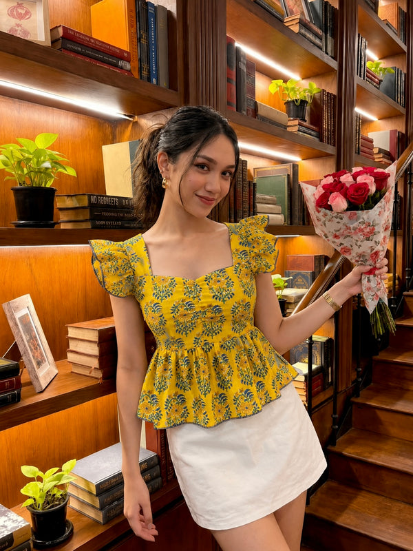 Yellow Floral Printed Peplum Top with Back Smocking