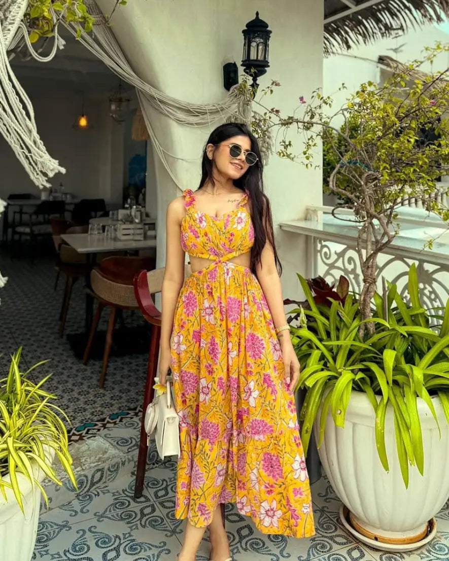 Yellow and Pink Floral Cotton Maxi Dress with Frill Straps with One Side Pocket LF-Collection